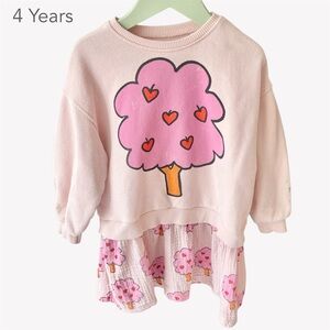 Zara 4 Years Girl Pink Heart Tree Crewneck Sweatshirt Dress Crinkle Gauze Spring
